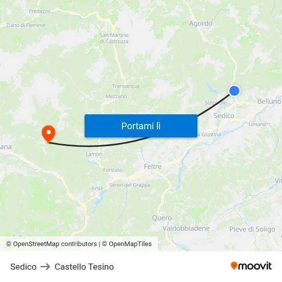 Sedico to Castello Tesino map
