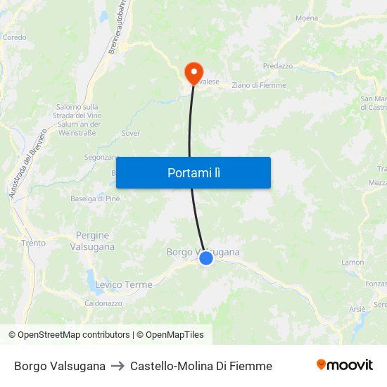 Borgo Valsugana to Castello-Molina Di Fiemme map