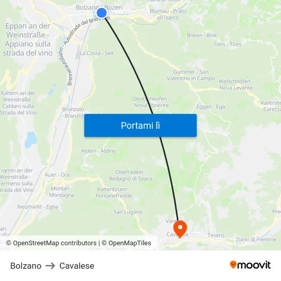 Bolzano to Cavalese map