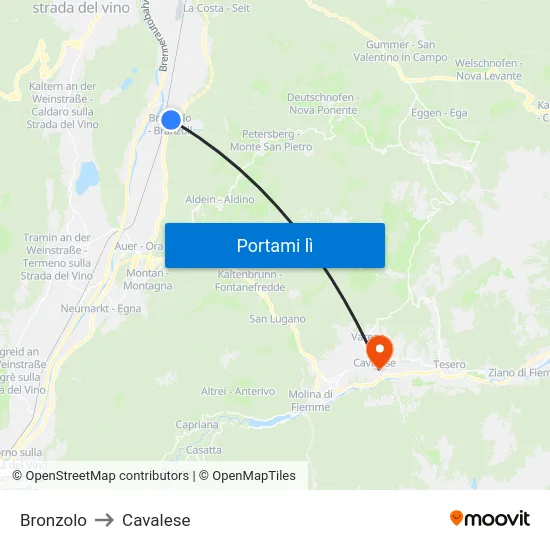 Bronzolo to Cavalese map