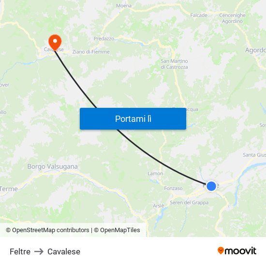 Feltre to Cavalese map