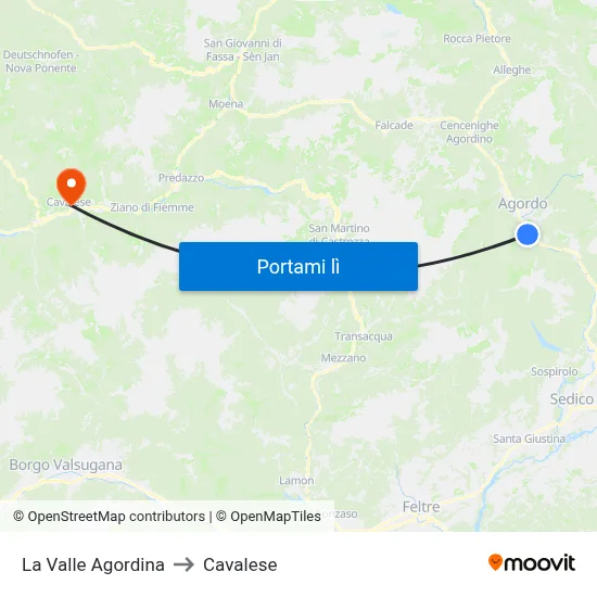 La Valle Agordina to Cavalese map