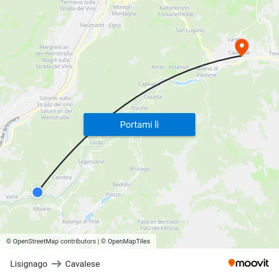 Lisignago to Cavalese map