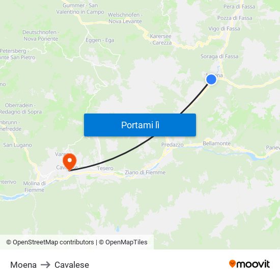 Moena to Cavalese map