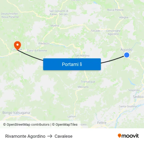 Rivamonte Agordino to Cavalese map
