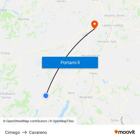 Cimego to Cavareno map