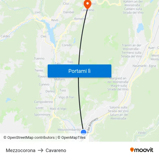 Mezzocorona to Cavareno map