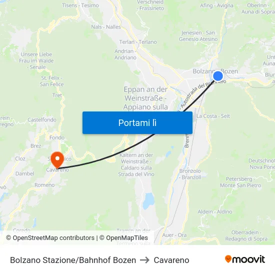 Bolzano Stazione/Bahnhof Bozen to Cavareno map