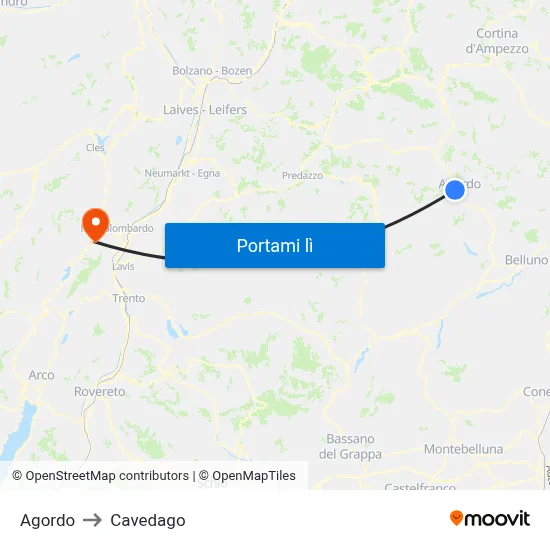 Agordo to Cavedago map