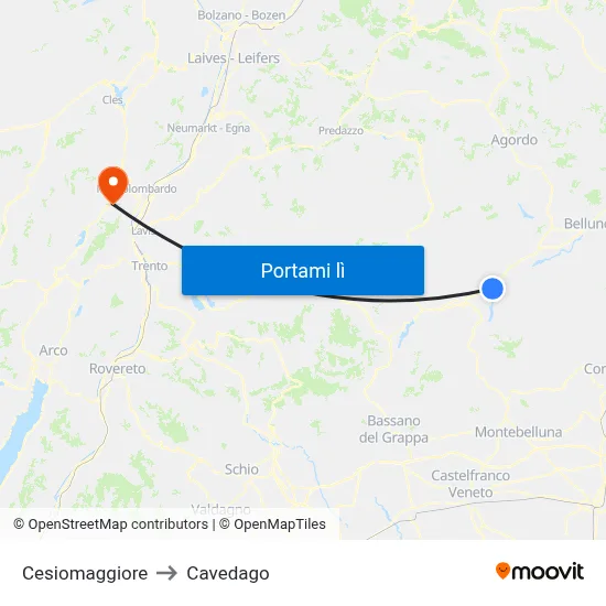 Cesiomaggiore to Cavedago map