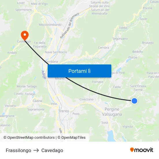 Frassilongo to Cavedago map