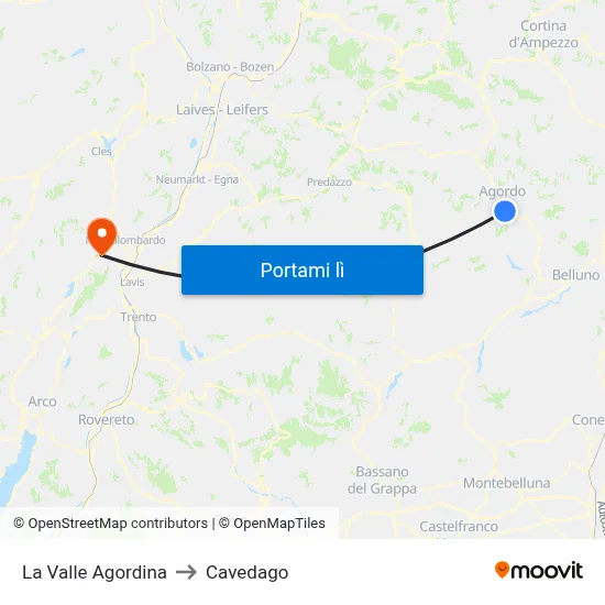 La Valle Agordina to Cavedago map