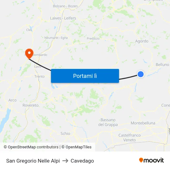 San Gregorio Nelle Alpi to Cavedago map