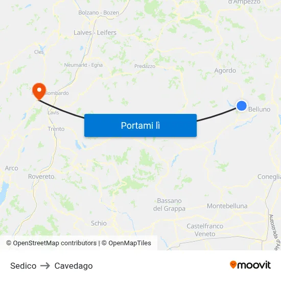 Sedico to Cavedago map