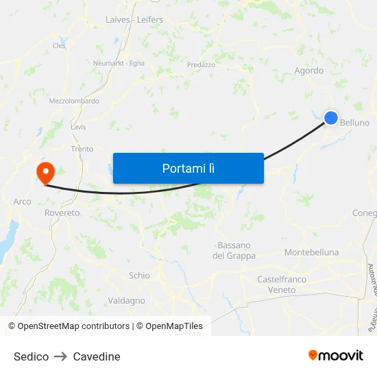 Sedico to Cavedine map