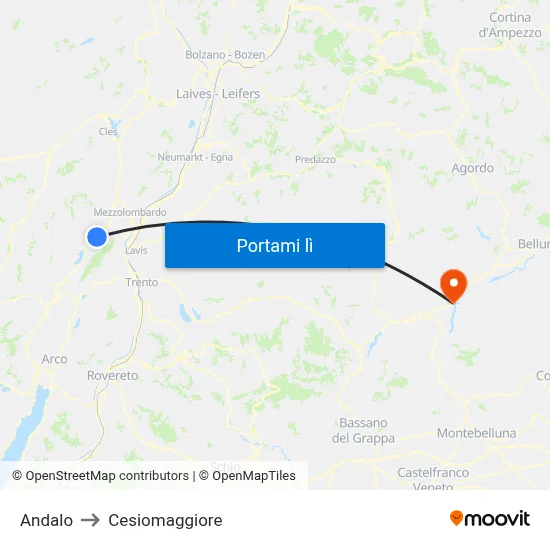 Andalo to Cesiomaggiore map