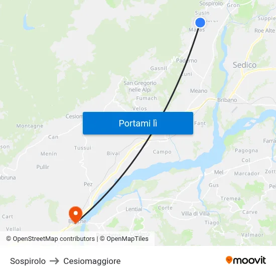 Sospirolo to Cesiomaggiore map