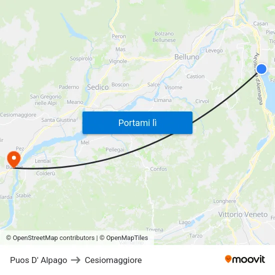 Puos D' Alpago to Cesiomaggiore map