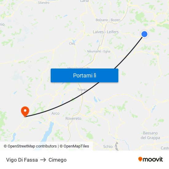 Vigo Di Fassa to Cimego map