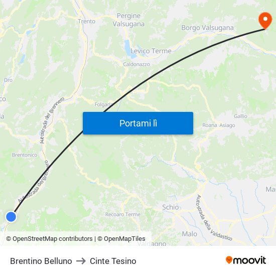 Brentino Belluno to Cinte Tesino map