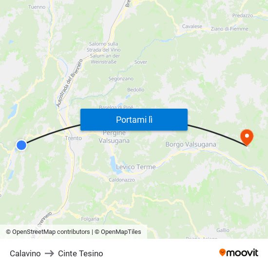 Calavino to Cinte Tesino map