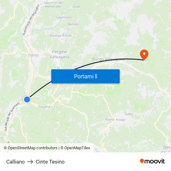 Calliano to Cinte Tesino map