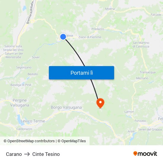 Carano to Cinte Tesino map