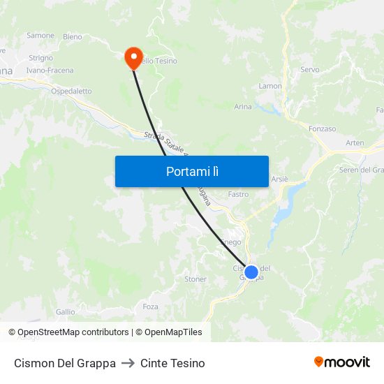 Cismon Del Grappa to Cinte Tesino map