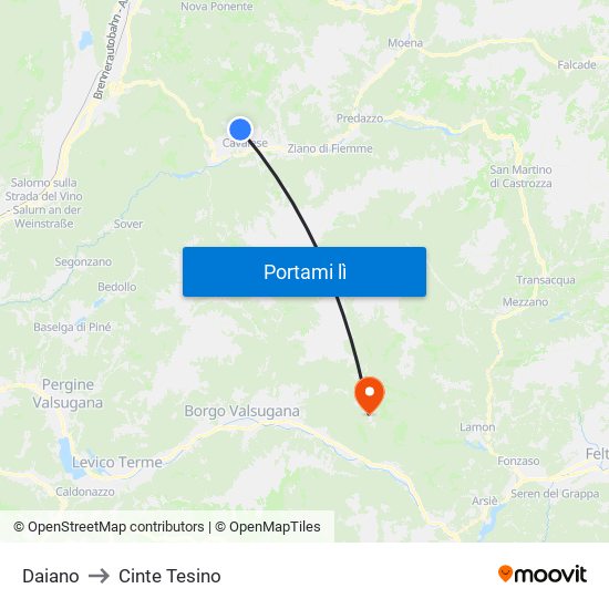 Daiano to Cinte Tesino map