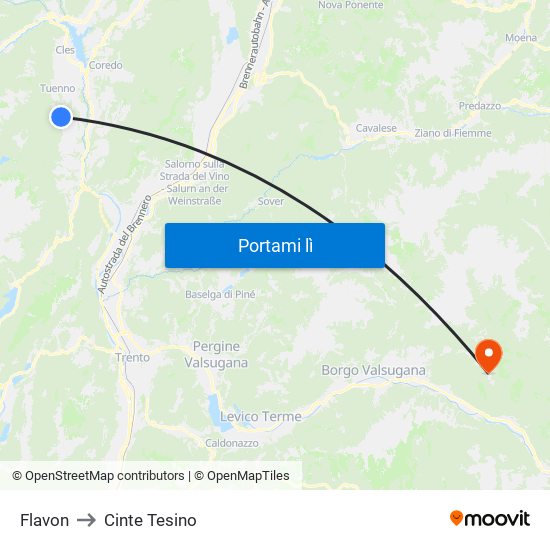 Flavon to Cinte Tesino map