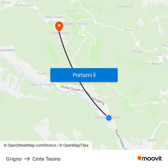 Grigno to Cinte Tesino map