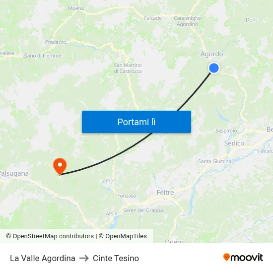 La Valle Agordina to Cinte Tesino map