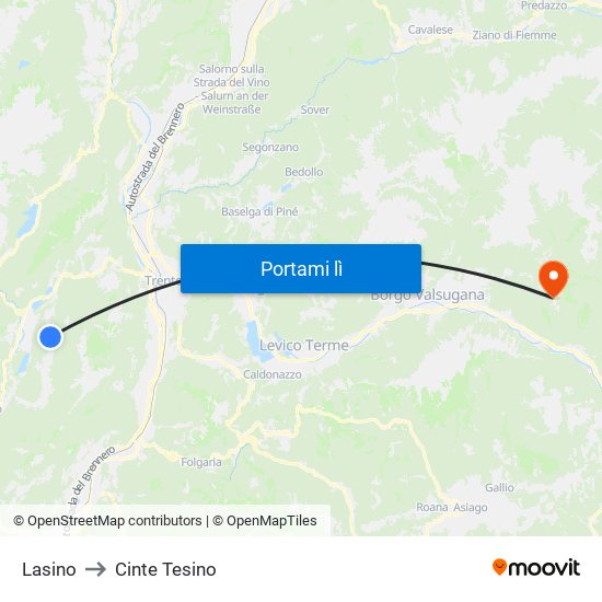Lasino to Cinte Tesino map