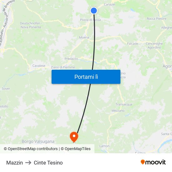 Mazzin to Cinte Tesino map