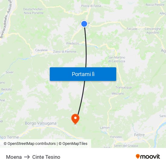 Moena to Cinte Tesino map