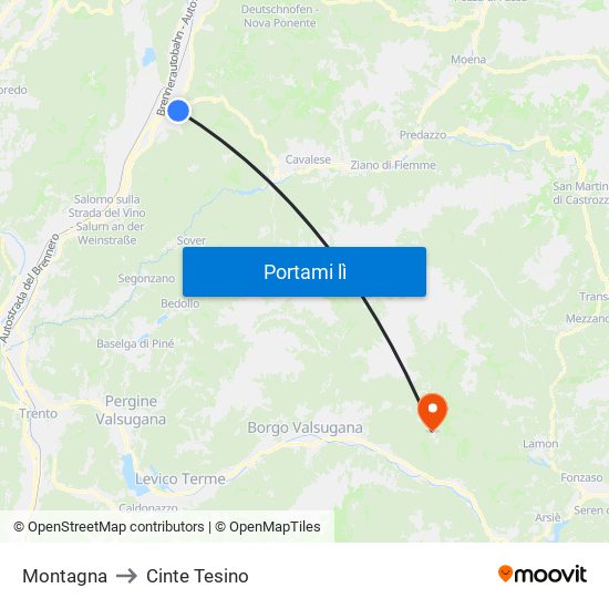 Montagna to Cinte Tesino map