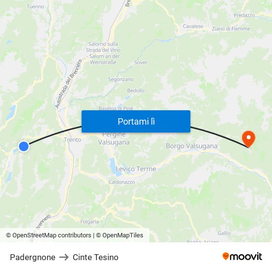 Padergnone to Cinte Tesino map