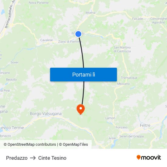 Predazzo to Cinte Tesino map