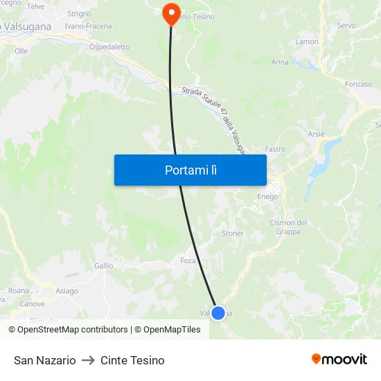 San Nazario to Cinte Tesino map