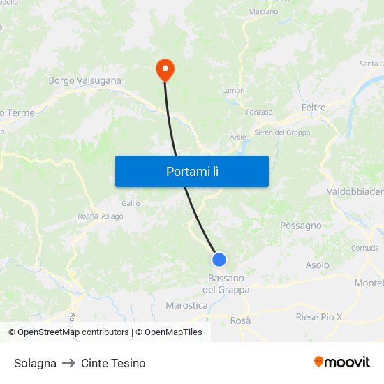 Solagna to Cinte Tesino map