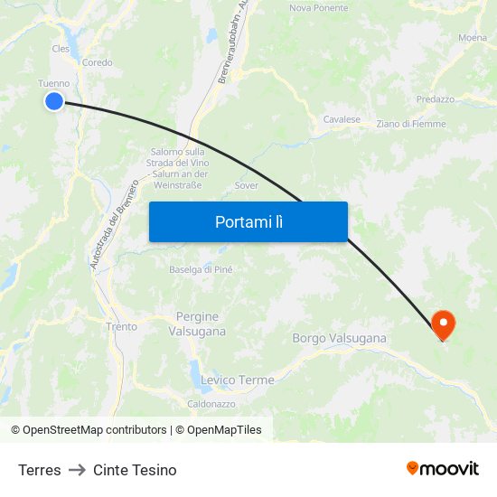 Terres to Cinte Tesino map
