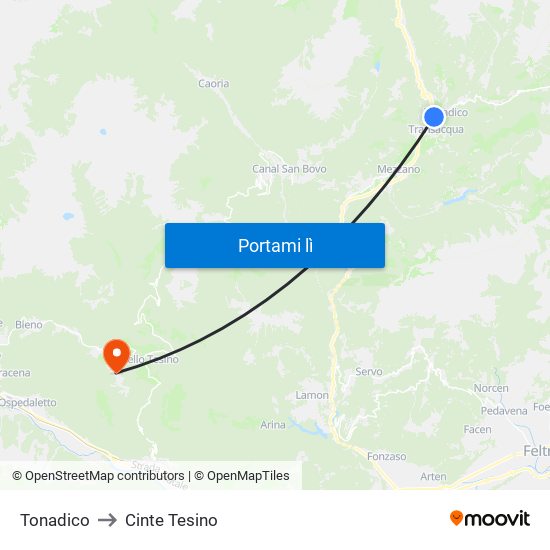 Tonadico to Cinte Tesino map