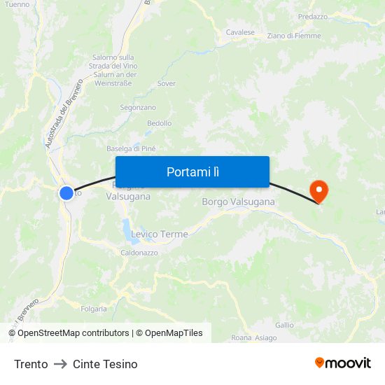 Trento to Cinte Tesino map