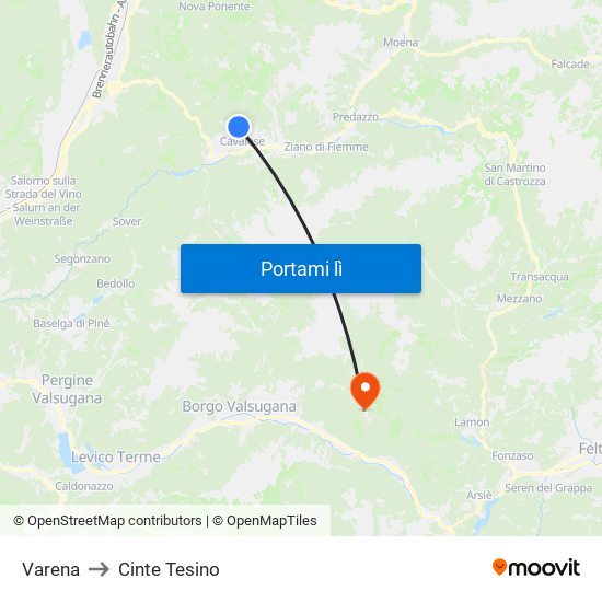 Varena to Cinte Tesino map