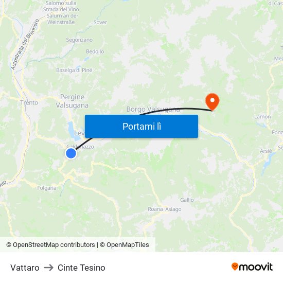 Vattaro to Cinte Tesino map