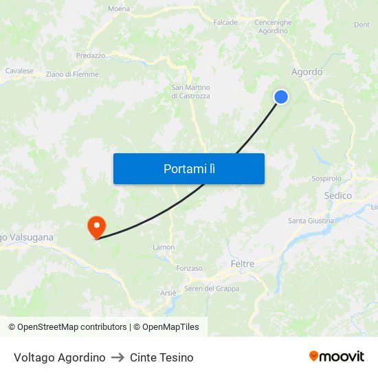 Voltago Agordino to Cinte Tesino map
