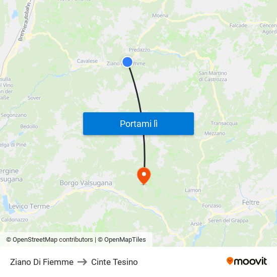Ziano Di Fiemme to Cinte Tesino map