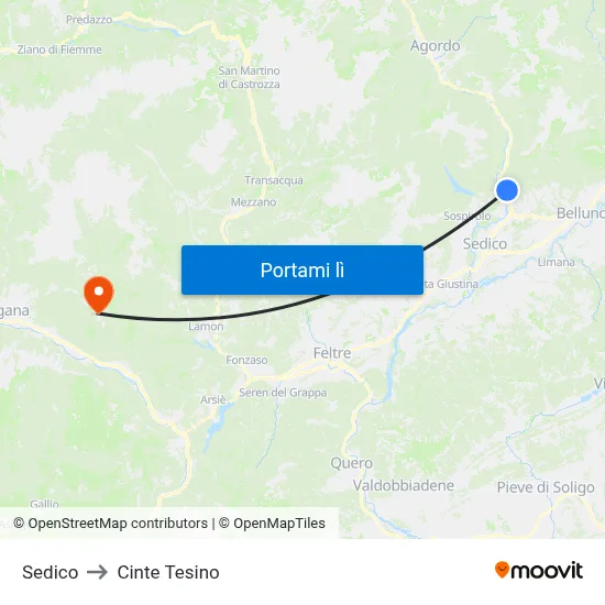 Sedico to Cinte Tesino map