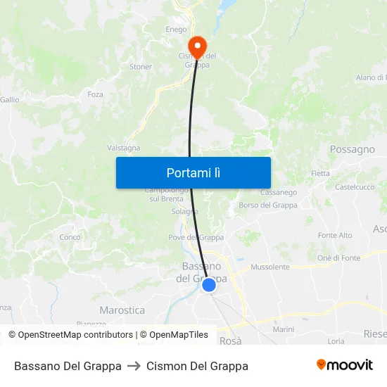 Bassano Del Grappa to Cismon Del Grappa map