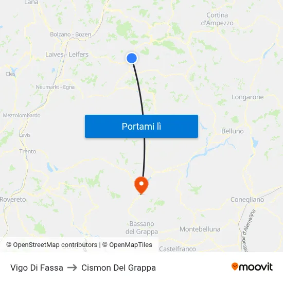 Vigo Di Fassa to Cismon Del Grappa map